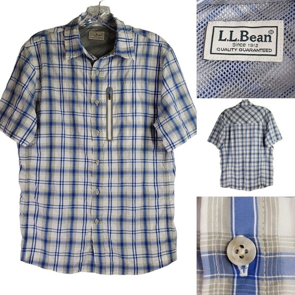 LL Bean Men's Small Blue Plaid Short Sleeve Button Down Shirt Mesh Lined Fish - Picture 1 of 13